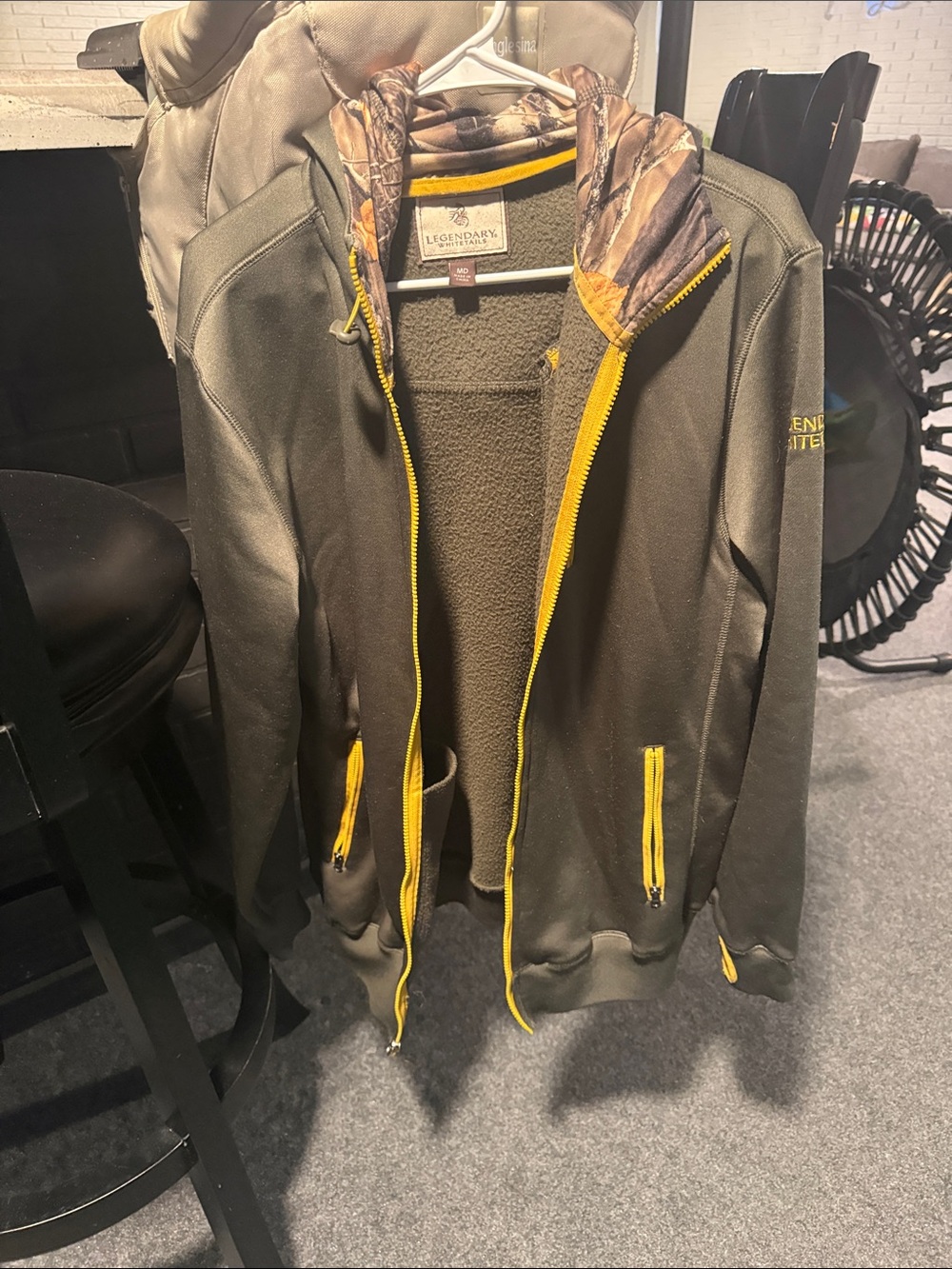 Legendary Whitetails Olive Green Jacket with Yellow Trim and Camo Hood